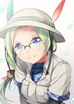  black-framed_eyewear black_gloves blue_eyes breast_pocket camouflage_trim dot_nose elbow_gloves eyebrows_visible_through_hair glasses gloves green_hair hair_ribbon hat hat_feather head_tilt helmet highres kemono_friends light_green_hair long_hair looking_at_viewer mirai_(kemono_friends) over-rim_eyewear pith_helmet pocket ponytail ribbon semi-rimless_eyewear simple_background smile solo upper_body white_hat yasume_yukito 