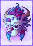  2017 4_ears blue_hair blue_sclera charr ear_piercing feline fur guild_wars hair headshot_portrait horn looking_at_viewer male mammal multi_ear multicolored_hair mutisija open_mouth piercing pink_eyes pink_hair portrait solo teeth two_tone_hair video_games white_fur 