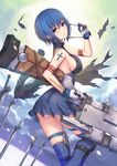  2d armpits ass bangs bare_shoulders black_dress blue_eyes blue_hair blue_legwear breasts ciel commentary cross_tattoo dress eyewear_removed from_side gloves highres holding holding_eyewear huge_weapon looking_at_viewer looking_to_the_side medium_breasts over-kneehighs parted_lips seventh_holy_scripture short_dress short_hair sideboob solo sword thighhighs tsukihime weapon white_gloves 
