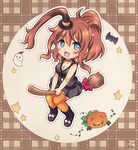  bat belt black_dress blue_eyes breasts broom broom_riding brown_hair dress ghost hat jack-o'-lantern kantai_collection large_breasts mini_hat mini_witch_hat navel_cutout open_mouth orange_legwear ponytail pumpkin saratoga_(kantai_collection) side_ponytail sleeveless sleeveless_dress solo thighhighs uzura_no_tamago_(yudeuzutama) witch_hat 