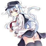  animal_ears ass black_legwear blue_eyes blue_hair breasts cowboy_shot dutch_angle from_side hair_between_eyes hat hibiki_(kantai_collection) kantai_collection kemonomimi_mode long_hair long_sleeves looking_at_viewer moeki_yuuta panties parted_lips paw_pose school_uniform serafuku sidelocks simple_background skirt small_breasts solo tail thighhighs underwear white_background white_panties 