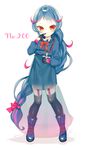  black_gloves black_legwear blue_footwear blue_hair braid cross full_body garter_belt gen_2_pokemon gloves highres jewelry kuro_guren long_hair looking_at_viewer misdreavus necklace personification pokemon red_eyes red_neckwear smile solo standing thighhighs very_long_hair 