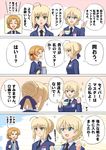  &gt;_&lt; ahoge are_you_my_master artoria_pendragon_(all) bangs black_bow black_neckwear blonde_hair blue_eyes blue_sweater bow braid closed_eyes comic command_spell commentary crossover cup darjeeling dress_shirt emblem eyebrows_visible_through_hair fate_(series) flying_sweatdrops girls_und_panzer green_eyes hair_bow highres long_sleeves looking_at_viewer multiple_girls necktie omachi_(slabco) open_mouth orange_hair orange_pekoe saber saucer school_uniform shirt short_hair smile sparkle st._gloriana's_(emblem) st._gloriana's_school_uniform standing sweater teacup teapot tied_hair twin_braids v-neck white_shirt 