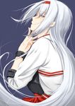  commentary eyebrows_visible_through_hair from_behind hair_between_eyes hairband hand_on_own_chin highres japanese_clothes kantai_collection long_hair long_sleeves looking_back muneate niwatazumi open_mouth purple_background shoukaku_(kantai_collection) sidelocks silver_eyes solo upper_body white_hair 