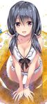  :d bangs bare_arms bare_shoulders bikini black_bow black_hair blush bow breast_squeeze breasts cleavage collarbone eyebrows_visible_through_hair floral_print frilled_bikini frills hair_between_eyes hair_over_shoulder innertube large_breasts leaf leaning_forward long_hair looking_at_viewer low_twintails open_mouth original oryou purple_eyes simple_background smile solo standing swimsuit tareme twintails v_arms white_background wristband yellow_innertube 