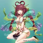  2017 :d aqua_background bikini blush box bracelet breasts brown_hair cleavage collarbone eyebrows_visible_through_hair fang gabiran green_eyes green_ribbon hair_ornament holding holding_box jewelry long_hair looking_at_viewer medium_breasts necklace open_mouth revolve ribbon see-through simple_background smile solo strapless strapless_bikini swimsuit thigh_ribbon twintails very_long_hair white_bikini 