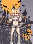  animal_ears bandaid bandaid_on_face bat bikini_top blonde_hair boots building commentary cross fang full_moon fur_bikini fur_boots fur_collar fur_trim gloves halloween halloween_costume hands_up happy_halloween hat jack-o'-lantern kantai_collection looking_at_viewer moon navel night oboro_(kantai_collection) open_mouth shino_(ponjiyuusu) short_hair shorts solo tail tree window witch_hat wolf_ears wolf_tail yellow_eyes 