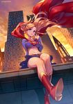 arm_support artist_name bangs belt blonde_hair blue_eyes blue_skirt blush breasts bright_pupils building cape cityscape closed_mouth commentary_request cropped_shirt day dc_comics feet_out_of_frame floating_hair from_below highres kotatsu_(g-rough) legs_together lips long_hair long_sleeves looking_at_viewer medium_breasts midriff navel outdoors pink_lips pleated_skirt red_cape sitting skirt skyscraper solo sunset supergirl superhero yellow_sky 