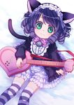  54hao :3 animal_ears bad_id bad_pixiv_id bangs bell black_dress black_hair blush bow bowtie cat_ears cat_girl cat_tail closed_mouth commentary_request curly_hair cyan_(show_by_rock!!) dress frilled_dress frills from_above gothic_lolita green_eyes guitar heart_guitar highres instrument jingle_bell lolita_fashion long_sleeves looking_at_viewer looking_up maid_headdress pink_neckwear puffy_long_sleeves puffy_sleeves ribbon ringlets show_by_rock!! sitting solo striped striped_legwear tail thighhighs white_ribbon 