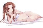  arm_support bangs bikini blue_bikini blush brown_eyes brown_hair collarbone forehead girls_und_panzer kadotani_anzu knee_up long_hair looking_at_viewer lying navel on_side parted_bangs ponytail sidelocks smile solo striped striped_bikini swimsuit thighs white_bikini yumesato_makura 