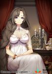  bad_id bad_pixiv_id bangs bracelet braid breasts brown_hair candelabra candle carchet chair closed_mouth commentary copyright_name dress eyebrows_visible_through_hair gem hair_over_shoulder jewelry large_breasts long_dress long_hair looking_at_viewer official_art purple_eyes qurare_magic_library see-through single_braid sitting smile solo table very_long_hair watermark white_dress 