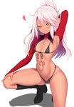  arm_up armpits bikini black_bikini black_footwear boots chloe_von_einzbern closed_mouth covered_nipples damao_yu dark_skin eyebrows_visible_through_hair fate/kaleid_liner_prisma_illya fate_(series) flat_chest front-tie_bikini front-tie_top hair_ornament hairpin hand_on_own_leg heart highleg highleg_bikini highres long_hair looking_at_viewer md5_mismatch navel one_eye_closed pink_hair shadow simple_background smile solo squatting stomach_tattoo swimsuit tattoo white_background yellow_eyes 