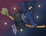  2016 anthro big_butt blush boots bottomless broom butt canine clothed clothing flying footwear hat huge_butt jackal magic_jackal male mammal nargleflex smile solo star thick_thighs wide_hips wizard_hat 