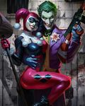  1girl alex_pascenko arm_around_waist batman_(series) blue_eyes bodysuit breasts dc_comics domino_mask flower gloves green_eyes green_hair grin gun harley_quinn hetero lipstick looking_at_viewer makeup mask medium_breasts official_art pale_skin smile submachine_gun the_joker thompson_submachine_gun waistcoat weapon 