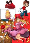  1girl blonde_hair blue_eyes blush breasts brown_hair cappy_(mario) comic crown dress facial_hair gameplay_mechanics gloves hat long_hair mario mario_(series) mustache open_mouth overalls possessed princess_peach shougakusei smile super_mario_bros. super_mario_odyssey translated 