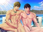  2boys abs blush cum free! goggles keisuke_(kes) multiple_boys muscle nipples outdoors pecs penis pool sitting smile yaoi 