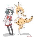  animal_ears backpack bag black_eyes black_gloves black_hair black_legwear blonde_hair bow bowtie elbow_gloves extra_ears eyebrows_visible_through_hair gloves hair_between_eyes hat hat_feather high-waist_skirt highres holding_strap kaban_(kemono_friends) kemono_friends looking_at_viewer multiple_girls open_mouth pantyhose print_gloves print_legwear print_neckwear print_skirt red_shirt serval_(kemono_friends) serval_ears serval_print serval_tail shadow shirt short_hair short_sleeves shorts simple_background skirt sleeveless standing standing_on_one_leg tail tatsuno_newo thighhighs translated white_background yellow_eyes zettai_ryouiki 