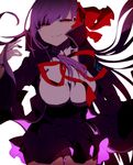  bangs bb_(fate)_(all) bb_(fate/extra_ccc) black_dress breasts closed_mouth cowboy_shot dress fate/extra fate/extra_ccc fate_(series) hair_ribbon half-closed_eyes high_collar hiiragi_fuyuki large_breasts long_hair long_sleeves purple_hair red_eyes ribbon shirt simple_background smile solo standing thigh_gap very_long_hair white_background white_shirt wide_sleeves 