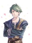  alm_(fire_emblem) alternate_costume bad_id bad_pixiv_id crossed_arms fire_emblem fire_emblem_echoes:_mou_hitori_no_eiyuuou green_eyes green_hair male_focus petals simple_background solo upper_body wah_(tomentombo) white_background 