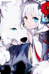  animal animal_hug bangs black_legwear blue_eyes closed_mouth commentary_request copyright_request dress flower hat hat_flower heterochromia hiiragi_fuyuki long_sleeves looking_at_viewer partial_commentary red_flower sitting smile white_hair wide_sleeves wolf yellow_eyes 