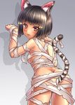  alternate_costume animal_ears ass assal_(sennen_sensou_aigis) bandages black_hair breasts brown_eyes cat_ears cat_tail grey_background hair_ornament hairclip highres leaning_forward looking_at_viewer looking_back medium_breasts parted_lips paw_pose sennen_sensou_aigis shadow short_hair solo standing tail tsuboyarou 