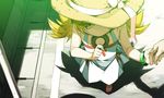  barefoot blonde_hair doughnut dress eating food hat highres holding_hands long_hair monogatari_(series) oshino_shinobu out_of_frame outdoors shikei solo_focus sun_hat white_dress yellow_eyes 