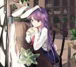  animal_ears bangs blue_skirt bunny_ears bunny_tail chair closed_mouth collared_shirt commentary indoors kasuka_(kusuki) leaning_forward long_hair long_sleeves looking_at_viewer necktie plant potted_plant purple_hair red_eyes red_neckwear reisen_udongein_inaba shelf shirt sitting skirt smile solo tail touhou very_long_hair white_shirt window wing_collar 