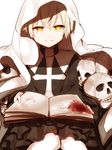  bad_id bad_pixiv_id bangs black_dress blanket blood blood_stain book closed_mouth dress feet_out_of_frame hair_between_eyes hiiragi_fuyuki holding holding_book long_sleeves looking_at_viewer open_book original simple_background sitting skull smile solo white_background yellow_eyes 