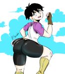  1girl ass bike_shorts black_hair blue_eyes boots dragon_ball dragon_ball_fighterz dragonball_z fingerless_gloves fist from_behind gloves looking_at_viewer looking_back open_mouth p_shinobu parted_lips shiny shiny_clothes shiny_hair shirt short_hair smile solo videl 
