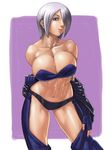  abs ahoge angel_(kof) bad_id bad_pixiv_id bare_shoulders blue_eyes breasts chaps cleavage closed_mouth collarbone commentary_request cowboy_shot cropped_jacket fingerless_gloves gloves hair_over_one_eye large_breasts leaning_forward looking_at_viewer navel off_shoulder shinonome_(game_hakkutsu_tai) short_hair silver_hair smile solo the_king_of_fighters toned 