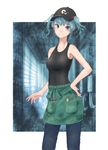  alternate_costume apron bare_arms baseball_cap black_hat blue_eyes blue_hair denim hair_bobbles hair_ornament hand_on_hip hat kawashiro_nitori looking_at_viewer pants pliers pocket roke_(taikodon) short_hair solo standing tank_top touhou two_side_up white_background window wrench 