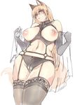  animal_ears areolae black_leather blonde_hair blush bondage_outfit bra breasts cat_ears elbow_gloves garter_belt gloves highres large_areolae large_breasts leather long_hair nipples open_bra original shizu-chan sketch thighhighs underwear yukibuster_z zipper_panties 