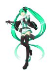  1girl absurdly_long_hair black_footwear black_gloves black_sleeves blue_eyes boots detached_sleeves elbow_gloves floating_hair full_body gloves green_hair hair_between_eyes hand_on_hilt hatsune_miku highres leg_up long_hair long_sleeves open_mouth saruno_(eyesonly712) shiny shiny_hair shirt short_shorts shorts sleeveless sleeveless_shirt solo standing standing_on_one_leg thigh_boots thighhighs twintails very_long_hair vocaloid white_shorts wide_sleeves zettai_ryouiki 