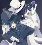  ahoge black_cape black_hair cape checkered checkered_hat danganronpa gloves green_eyes hair_over_one_eye hat highres hoshimi_(hosizorarara) looking_at_viewer multiple_boys new_danganronpa_v3 one_eye_closed open_mouth ouma_kokichi purple_eyes purple_hair saihara_shuuichi smile sweatdrop white_cape white_gloves 