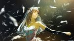  bridal_veil brown_eyes brown_hair commentary crying crying_with_eyes_open dress feathers highres long_hair looking_up loundraw original sad signature strapless tears veil wedding_dress 