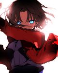  bad_id bad_pixiv_id bangs blue_eyes brown_hair covered_mouth glowing glowing_eyes hand_up hiiragi_fuyuki jacket kara_no_kyoukai long_sleeves looking_at_viewer open_clothes open_jacket red_jacket ryougi_shiki shirt short_hair simple_background solo upper_body white_background 