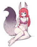  2017 anthro black_fur black_nose blush bra clothing costom10 female fur green_eyes hair looking_at_viewer mammal navel panties red_hair simple_background sitting smile solo underwear white_background white_fur 