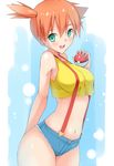  :d bare_arms blue_eyes blush breasts cowboy_shot crop_top crop_top_overhang cutoffs holding holding_poke_ball kasumi_(pokemon) looking_at_viewer medium_breasts midriff mokkosu. navel open_mouth poke_ball poke_ball_(generic) pokemon pokemon_(anime) pokemon_(classic_anime) shirt short_ponytail short_shorts shorts side_ponytail sleeveless sleeveless_shirt smile solo suspenders thighs 