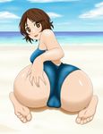  1girl artist_request ass ass_grab bare_shoulders barefoot beach blush breasts brown_eyes brown_hair cameltoe come_hither deep_skin from_behind huge_ass looking_at_viewer looking_back naughty_face one-piece_swimsuit open_mouth sawabe_tsubaki shigatsu_wa_kimi_no_uso shiny shiny_skin short_hair sideboob smile solo swimsuit wariza 