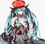  bad_id bad_pixiv_id bangs blue_hair boots cape closed_mouth collared_shirt crown fur_trim grey_background grey_legwear grey_shorts hair_between_eyes hatsune_miku hiiragi_fuyuki horns long_hair looking_at_viewer red_cape shirt shorts simple_background sitting solo tears the_beast_(vocaloid) thighhighs twintails very_long_hair vocaloid 