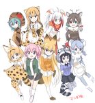  &gt;:) :d ahoge animal_ears antlers apron aqua_eyes aqua_hair bell bell_collar black_eyes black_hair black_neckwear black_skirt blonde_hair bow bowtie brown_gloves brown_hair cheetah_(kemono_friends) cheetah_ears cheetah_print cheetah_tail collar collared_shirt common_raccoon_(kemono_friends) elbow_gloves extra_ears eyebrows_visible_through_hair ezo_red_fox_(kemono_friends) fox_ears fur_collar fur_trim gloves gradient_legwear green_eyes grey_eyes grey_gloves grey_hair grey_legwear grey_neckwear hair_between_eyes hair_tie hand_on_hip hand_up head_wings heterochromia high-waist_skirt highres hood hoodie jacket japanese_crested_ibis_(kemono_friends) kemono_friends koala_(kemono_friends) koala_ears long_hair long_sleeves looking_at_viewer miniskirt multicolored_hair multiple_girls nana_(kemono_friends) necktie open_mouth orange_jacket pink_eyes pink_hair ponytail print_gloves print_legwear print_neckwear print_skirt raccoon_ears raccoon_tail red_eyes red_hair red_legwear red_skirt reindeer_(kemono_friends) reindeer_antlers reindeer_ears serval_(kemono_friends) serval_ears serval_print serval_tail shirt short_hair short_sleeves simple_background skirt sleeveless smile sweatdrop tail tatsuno_newo thighhighs translated tsuchinoko_(kemono_friends) v-shaped_eyebrows white_background white_hair white_legwear white_neckwear wide_sleeves yellow_eyes yellow_legwear yellow_neckwear zettai_ryouiki 