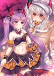 1girl asterios_(fate/grand_order) bandages bangs bare_shoulders bat black_legwear black_sclera blush bow bowtie bracelet breasts closed_mouth cloud commentary_request cross detached_collar eating euryale fake_horns fate/grand_order fate_(series) finger_to_mouth gem hair_between_eyes halloween halloween_costume horn_ornament horns jewelry long_hair looking_at_viewer muscle navel pleated_skirt pumpkin purple_background purple_eyes purple_hair purple_sky red_eyes scar skirt small_breasts smile suzune_rena thighhighs twintails white_hair wristband 