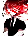  androgynous black_neckwear black_shirt closed_mouth collared_shirt commentary crossed_arms crystal_hair gem_uniform_(houseki_no_kuni) hair_between_eyes half-closed_eyes hiiragi_fuyuki houseki_no_kuni necktie puffy_short_sleeves puffy_sleeves red_eyes red_hair shinsha_(houseki_no_kuni) shirt short_hair short_sleeves simple_background solo upper_body white_background white_shirt wing_collar 