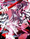 armpits bangs bare_arms blood blood_splatter blue_hair blue_skirt breasts cowboy_shot grin hatsune_miku hiiragi_fuyuki holding holding_staff long_hair looking_at_viewer medium_breasts parted_lips pleated_skirt red_eyes skirt slit_pupils smile solo staff standing streaming_heart_(vocaloid) twintails vocaloid 