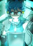  bangs black-framed_eyewear blue_eyes blue_hair blue_neckwear bow bowtie closed_mouth fate/extra fate/extra_ccc fate_(series) glasses glowing glowing_eyes grey_jacket hans_christian_andersen_(fate) headphones hiiragi_fuyuki jacket jacket_on_shoulders looking_at_viewer male_focus solo vest 