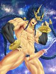  1boy abs blue_hair blush cum keisuke_(kes) male_focus muscle nipples nude pecs penis solo 