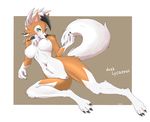  1girl animal_ears arm_support artist_name beckoning beige_background black_hair blush border breasts character_name claws dog_ears dog_tail english feet full_body furry green_eyes half-closed_eyes hand_up highres large_breasts looking_at_viewer lycanroc lying multicolored_hair navel nipples no_humans nude on_side paws personification pokemon pokemon_(creature) pokemon_xy pussy signature simple_background solo spread_legs tail text two-tone_hair uncensored white_border white_hair xan_(xan0712) 
