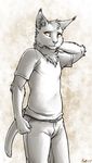  2017 5_fingers anthro belt biped brown_eyes clothed clothing digital_drawing_(artwork) digital_media_(artwork) english_text feline front_view hand_behind_head hybrid inner_ear_fluff lynx male_focus mammal pants ratte shirt simple_background solo standing text tuft 