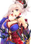  armpits bare_shoulders blue_eyes blush breasts cleavage closed_mouth commentary cowboy_shot detached_sleeves earrings fate/grand_order fate_(series) goushou hair_ornament japanese_clothes jewelry katana kimono large_breasts looking_at_viewer miyamoto_musashi_(fate/grand_order) mouth_hold pink_hair ponytail solo sword weapon wide_sleeves 