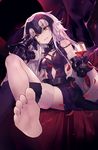  akieda arm_support armor armored_dress barefoot black_gloves capelet cup drinking_glass fate/grand_order fate_(series) feet fur_trim gauntlets gloves headpiece highres jeanne_d'arc_(alter)_(fate) jeanne_d'arc_(fate)_(all) long_hair looking_at_viewer petals pov_feet sketch soles solo wine_glass yellow_eyes 